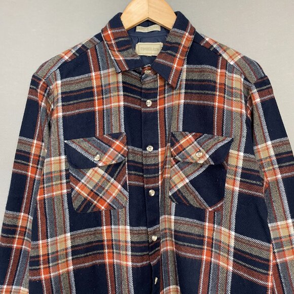 Vintage Plaid Shirt Shacket Men Large Long Sleeve Pockets Acrylic Button-Up Navy - Picture 3 of 14